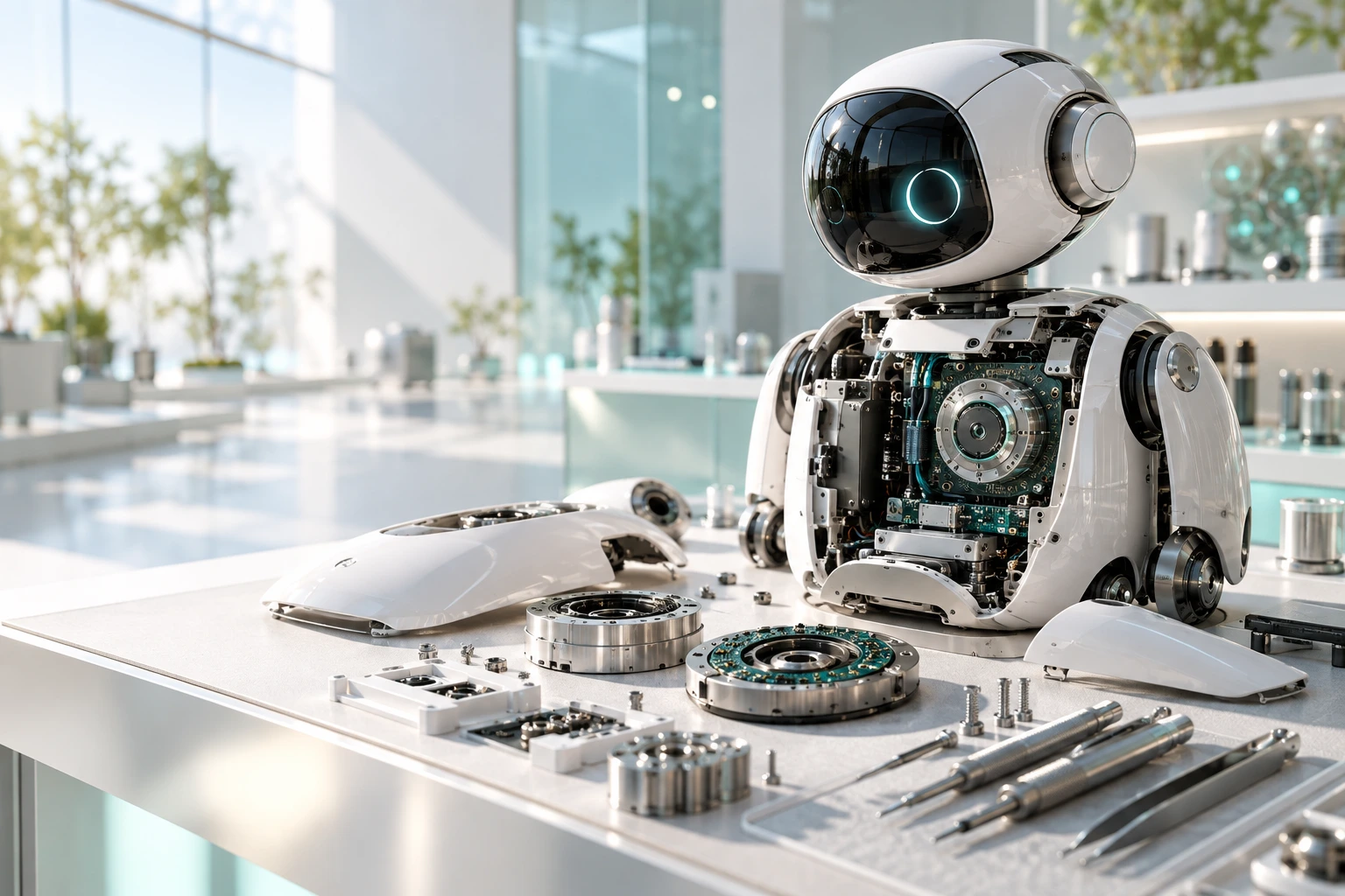 Concept robot opened for inspection on a bright precision service workbench